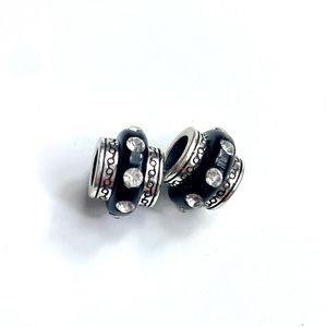 Brighton Set of 2 Black Spacer Barrel Bead with Clear Crystals Silver Plated